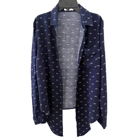 Love Notes Navy Blue Bicycle Print Button-Down Shirt | Tie Front Blouse - Picture 3 of 4